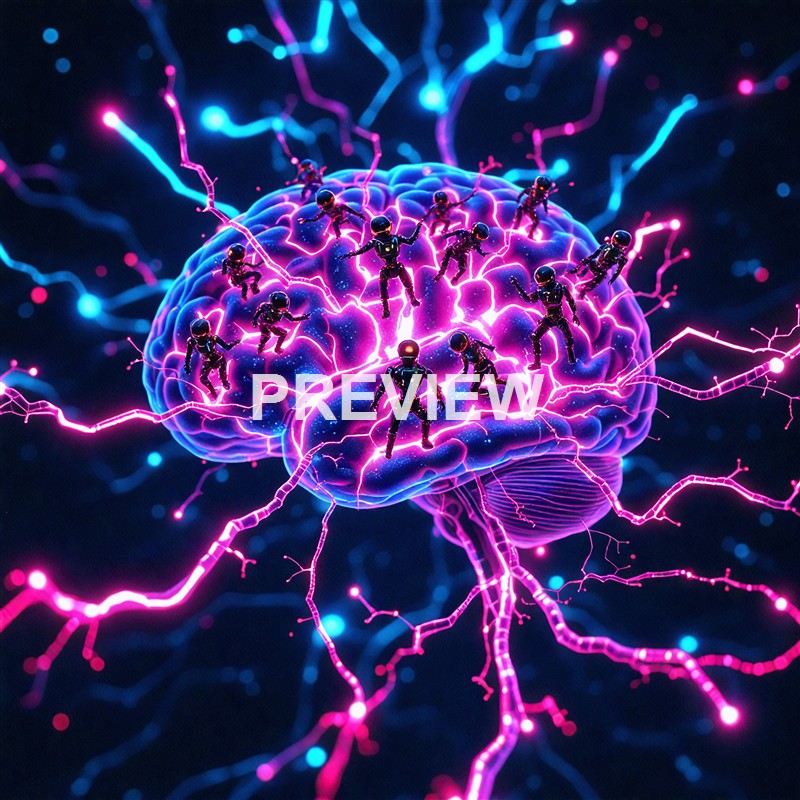 The image depicts a highly stylized, glowing digital representation of a brain with multiple small astronaut-like figures standing on its surface, surrounded by vibrant pink and blue electrical sparks or neural connections.